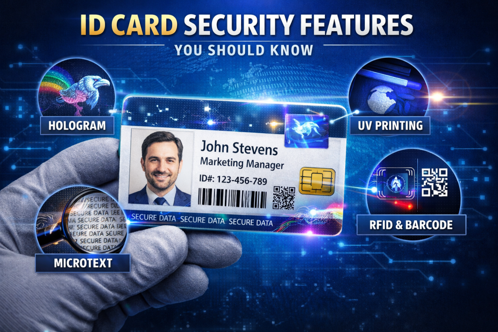 ID card security features including hologram UV printing microtext RFID and barcode