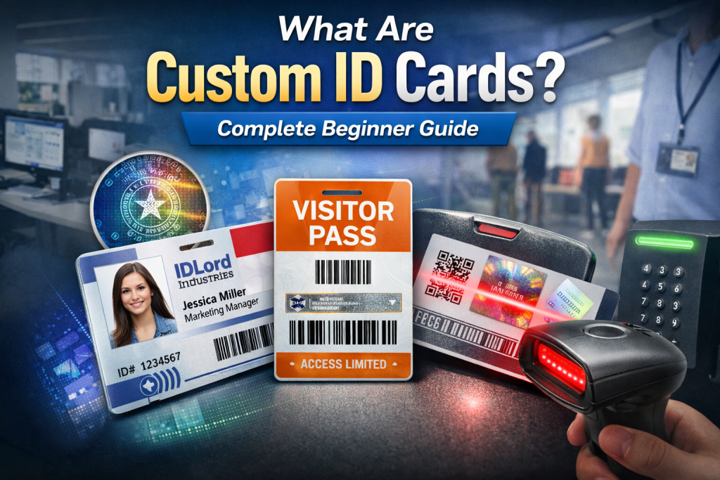 Custom ID cards with barcode, visitor pass, and security scanner used for employee identification and access control