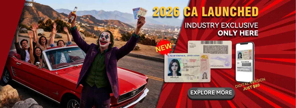 Premium scannable 2026 California fake ID and digital version promotional banner.